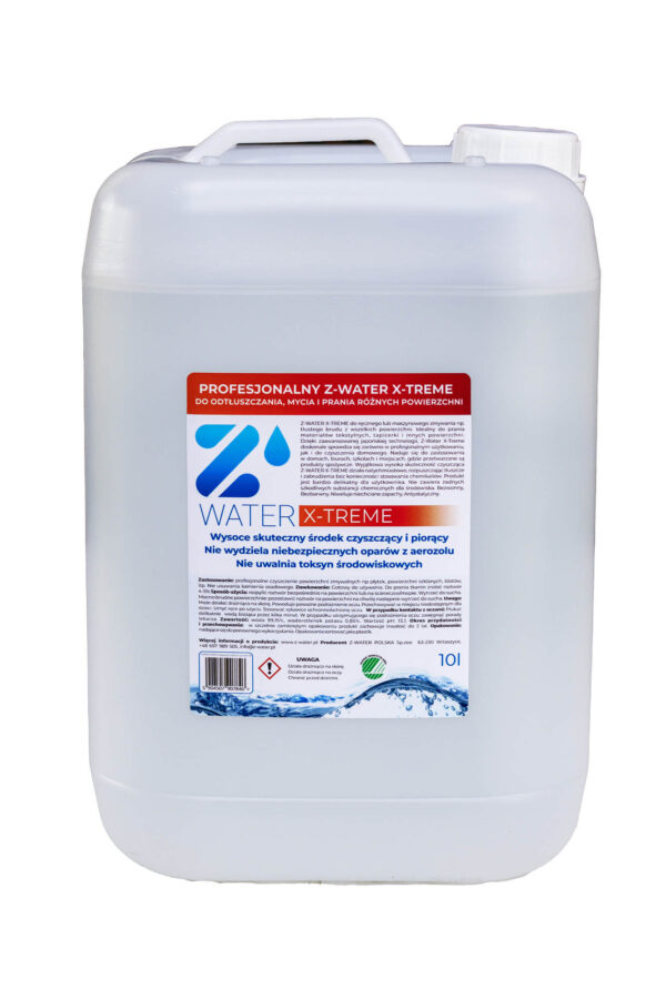 Biały plastikowy kanister 10 litrów z uchwytem, z napisem i etykietą środka czyszczącego Profesjonalny Z-Water X-Treme do odtłuszczania, mycia i prania różnorodnych powierzchni.