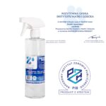 Butelka z rozpylaczem zawierająca profesjonalny środek czyszczący Z-WATER X-Power, obok pozytywna opinia Instytutu Matki i Dziecka oraz logo Narodowego Instytutu Zdrowia Publicznego z informacją o produkcie z atestem.