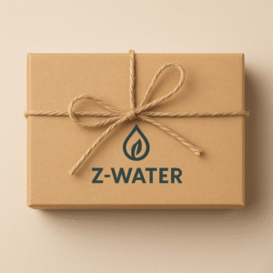 Prostokątne pudełko owinięte brązowym papierem z przewiązaną sznurkiem kokardą, na którym widoczny jest napis Z-WATER oraz logo w kształcie kropli z liściem w środku, na jasnobeżowym tle.