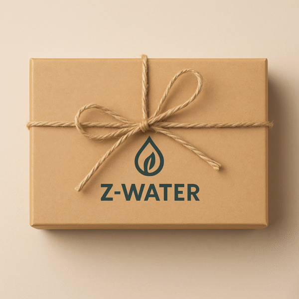 Prostokątne pudełko owinięte brązowym papierem z przewiązaną sznurkiem kokardą, na którym widoczny jest napis Z-WATER oraz logo w kształcie kropli z liściem w środku, na jasnobeżowym tle.