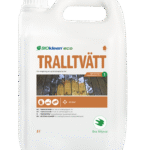 Biały kanister 5 litrów z ekologiczny środkiem do czyszczenia drewna impregnowanego pod nazwą TRAILLTVÄTT marki BIOkleen eco, z ilustracją czyszczonej drewnianej powierzchni i oznaczeniem powierzchni do 25-35 m²