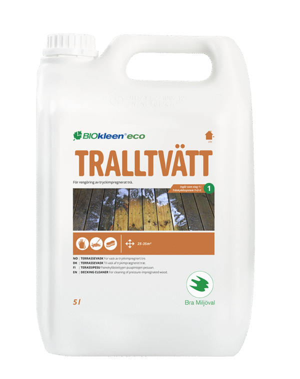 Biały kanister 5 litrów z ekologiczny środkiem do czyszczenia drewna impregnowanego pod nazwą TRAILLTVÄTT marki BIOkleen eco, z ilustracją czyszczonej drewnianej powierzchni i oznaczeniem powierzchni do 25-35 m²